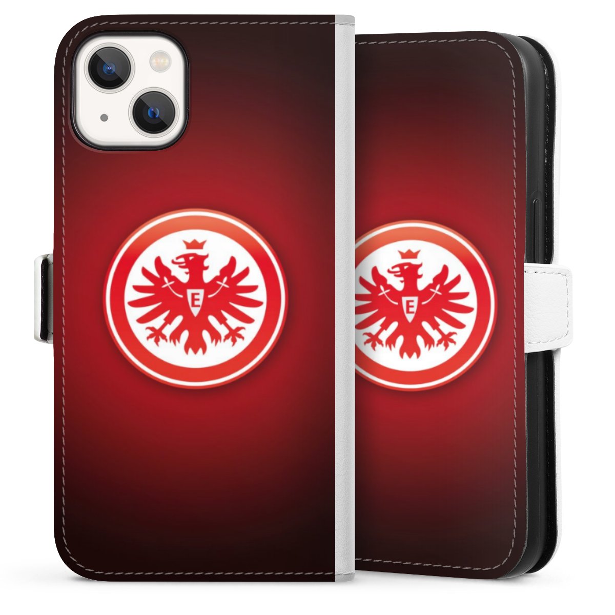 iPhone 13 Handy Klapphülle Handyhülle aus Kunst Leder weiß Flip Case Eintracht Frankfurt Official Licensed Product Coat Of Arms Sideflip mit Lasche