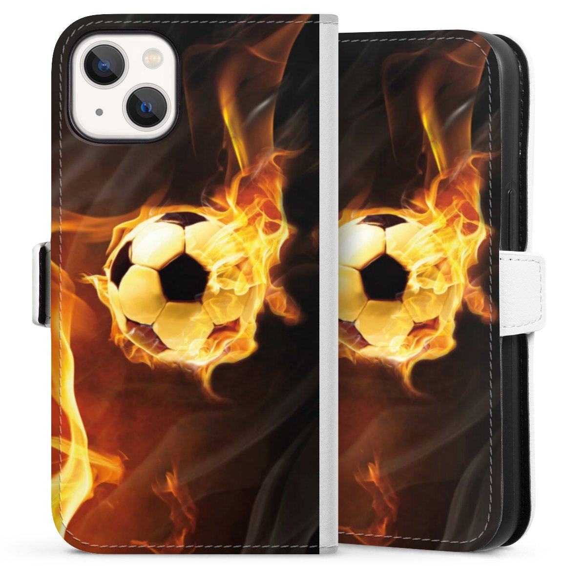 iPhone 13 Handy Klapphülle Handyhülle aus Kunst Leder weiß Flip Case Ball Fire Soccer Sideflip mit Lasche