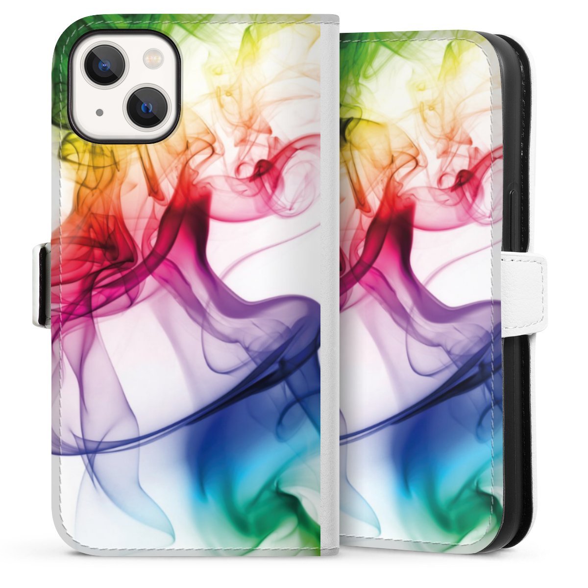 iPhone 13 Handy Klapphülle Handyhülle aus Kunst Leder weiß Flip Case Water Colour Rainbow Sideflip mit Lasche