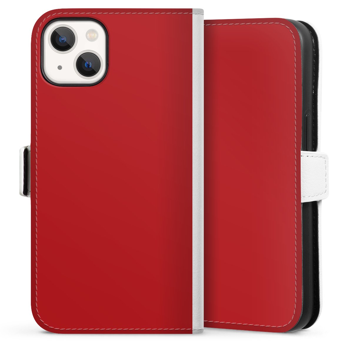 iPhone 13 Handy Klapphülle Handyhülle aus Kunst Leder weiß Flip Case Colour Unicoloured Red Sideflip mit Lasche