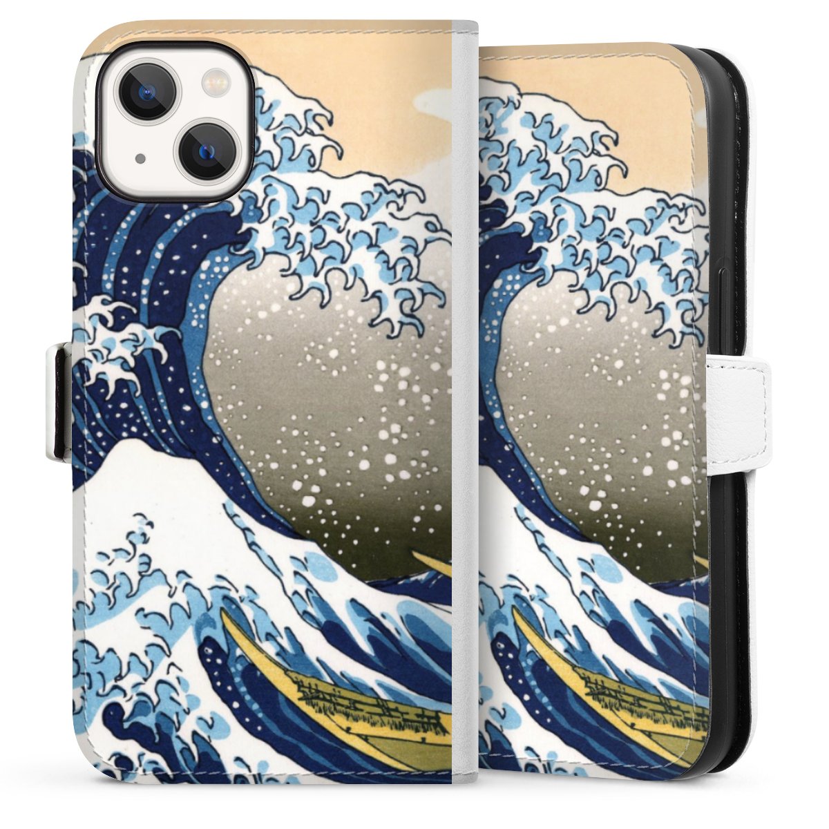 iPhone 13 Handy Klapphülle Handyhülle aus Kunst Leder weiß Flip Case Kunst Katsushika Hokusai Die Große Welle Vor Kanagawa Sideflip mit Lasche