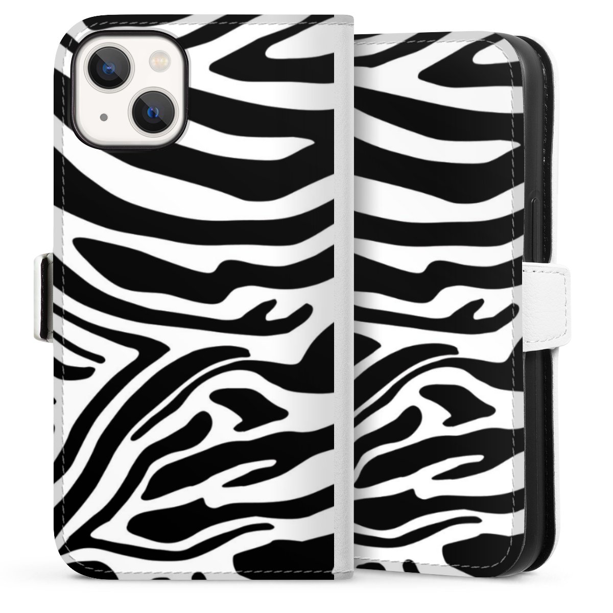 iPhone 13 Handy Klapphülle Handyhülle aus Kunst Leder weiß Flip Case Zebra Animal Look Animal Print Sideflip mit Lasche