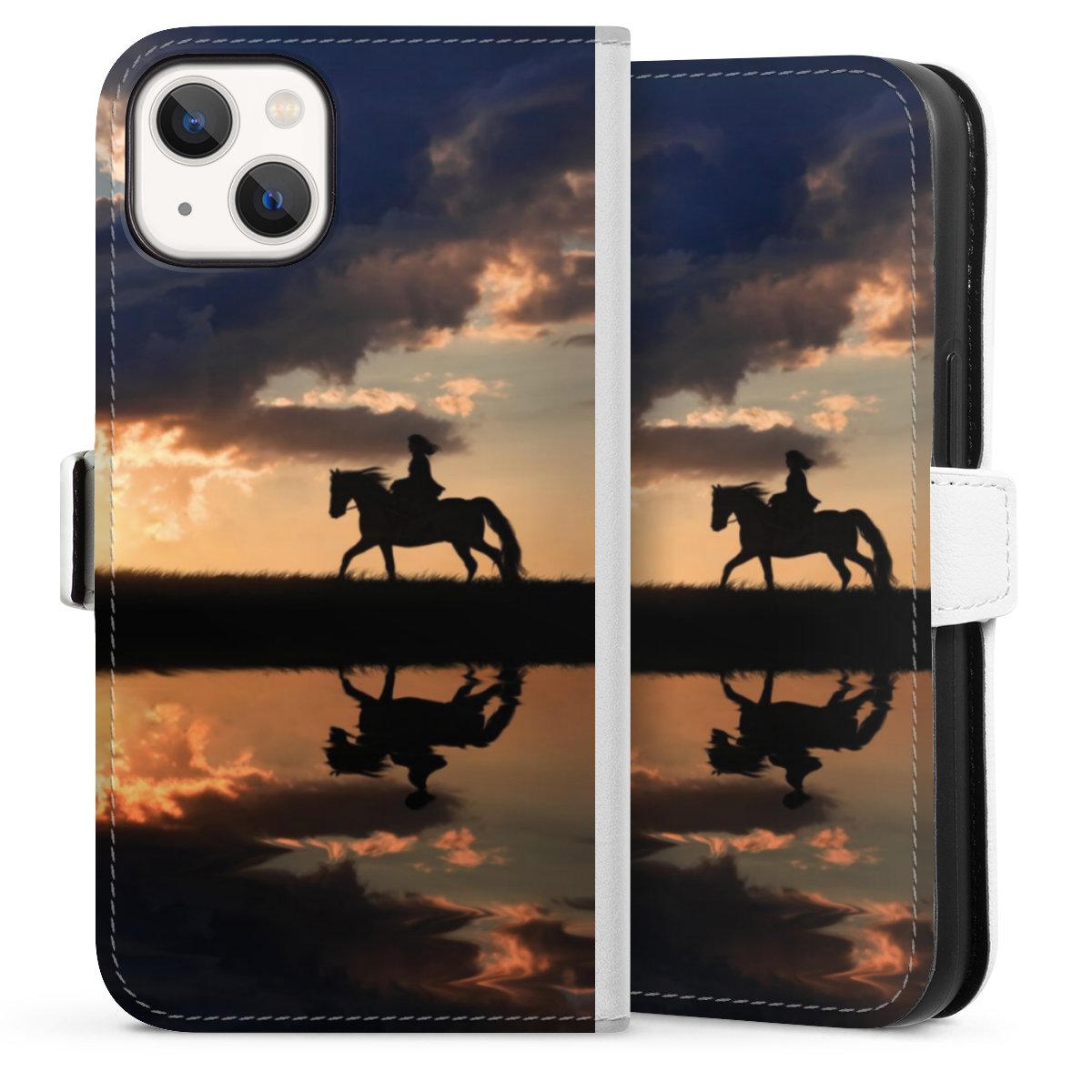 iPhone 13 Handy Klapphülle Handyhülle aus Kunst Leder weiß Flip Case Horse Sunset Horseback Riding Sideflip mit Lasche