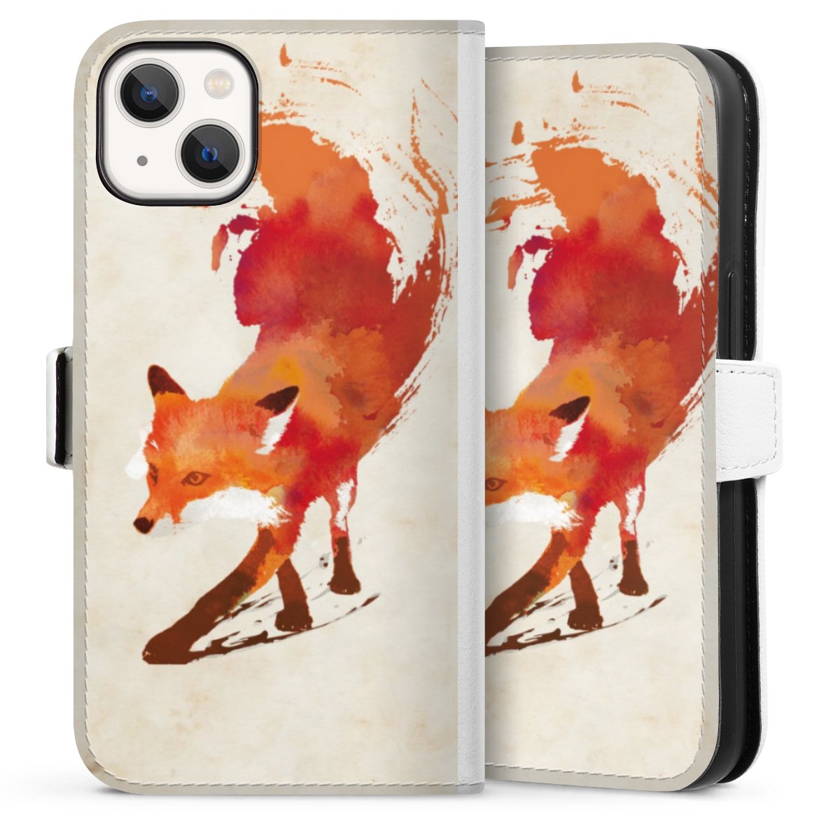 iPhone 13 Handy Klapphülle Handyhülle aus Kunst Leder weiß Flip Case Fox Graphic Sideflip mit Lasche