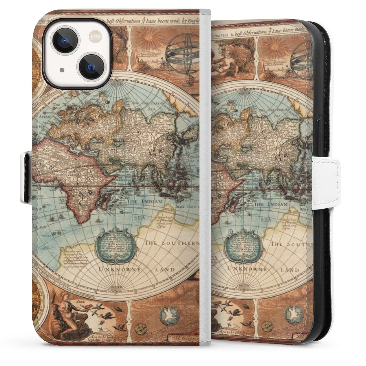 iPhone 13 Handy Klapphülle Handyhülle aus Kunst Leder weiß Flip Case World Map Vintage Map Sideflip mit Lasche