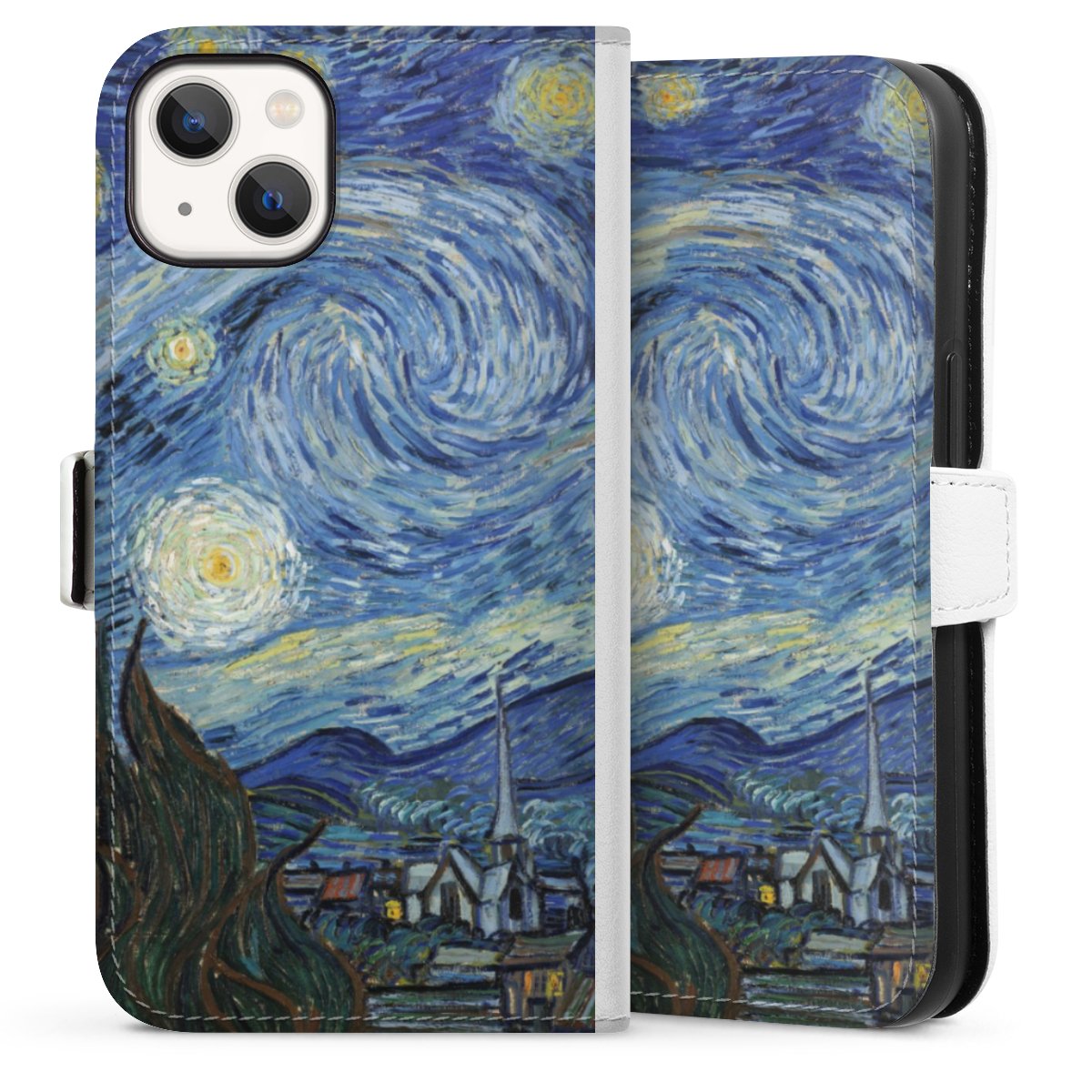 iPhone 13 Handy Klapphülle Handyhülle aus Kunst Leder weiß Flip Case The Starry Night Kunst Vincent Van Gogh Sideflip mit Lasche