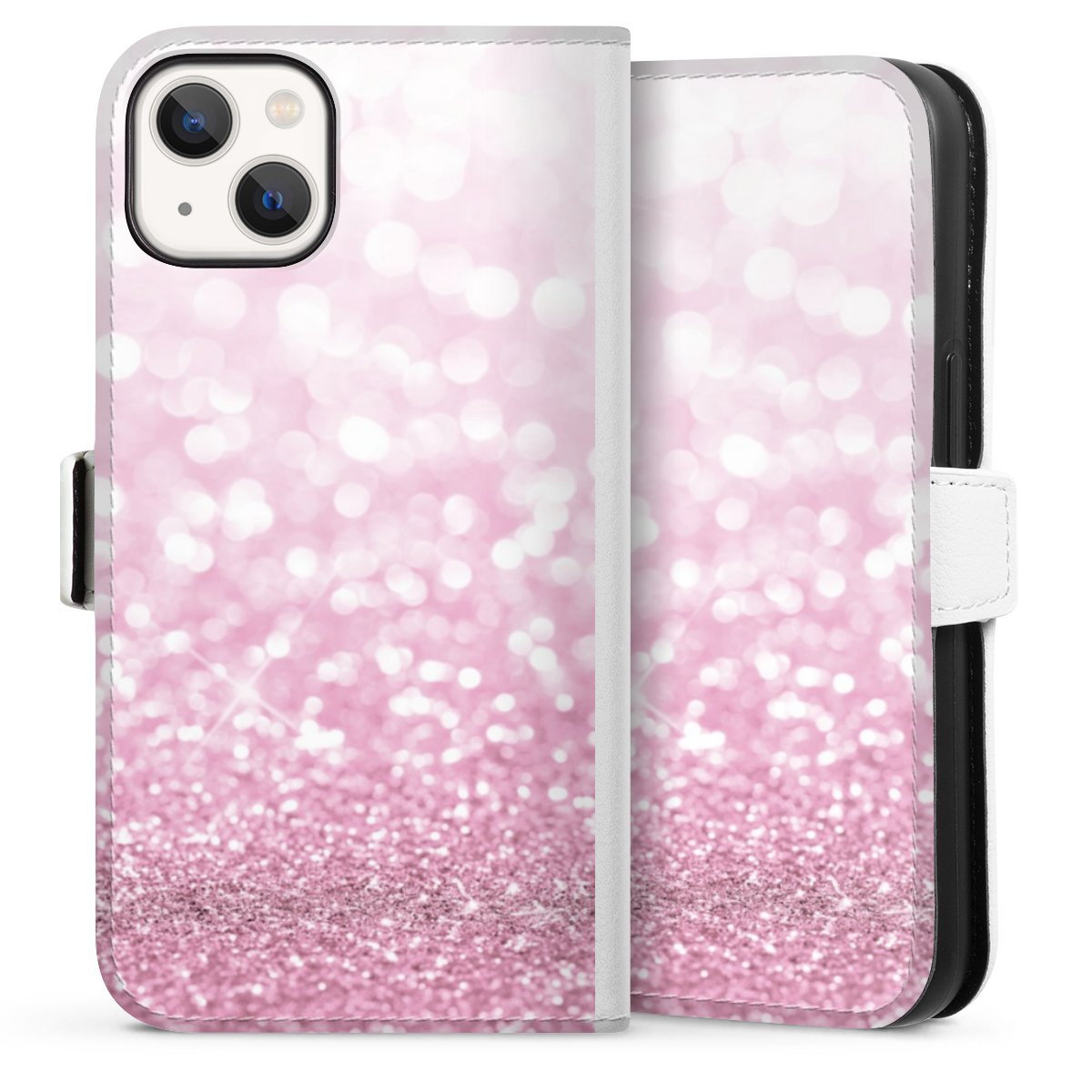 iPhone 13 Handy Klapphülle Handyhülle aus Kunst Leder weiß Flip Case Glitzer Pink Shine Sideflip mit Lasche