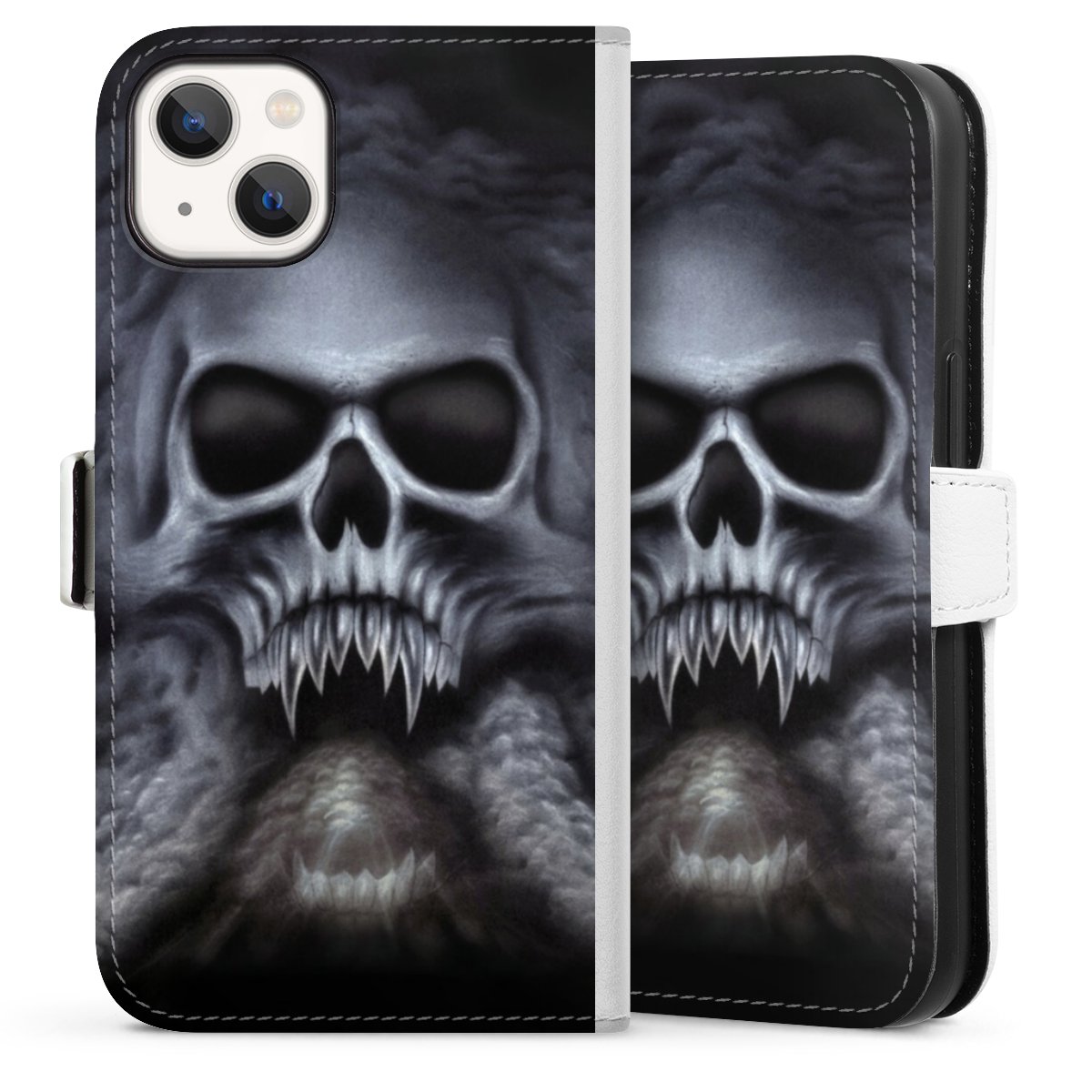 iPhone 13 Handy Klapphülle Handyhülle aus Kunst Leder weiß Flip Case Totenkopf Skull Sideflip mit Lasche