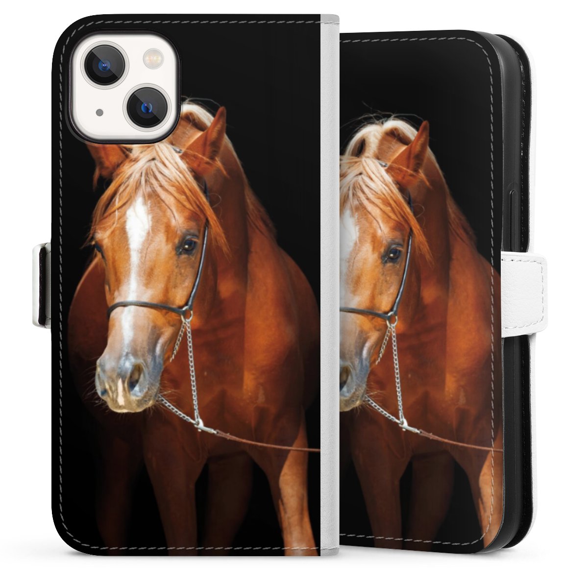 iPhone 13 Handy Klapphülle Handyhülle aus Kunst Leder weiß Flip Case Mare Horse Hobby Sideflip mit Lasche