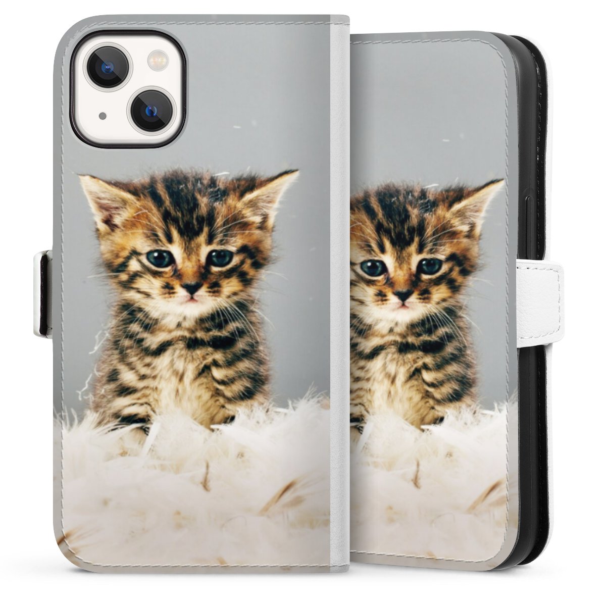 iPhone 13 Handy Klapphülle Handyhülle aus Kunst Leder weiß Flip Case Cat Feather Pet Sideflip mit Lasche