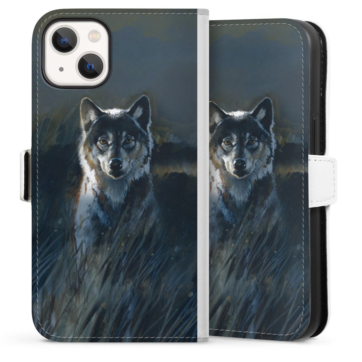 iPhone 13 Handy Klapphülle Handyhülle aus Kunst Leder weiß Flip Case Nature Wolf Painting Sideflip mit Lasche