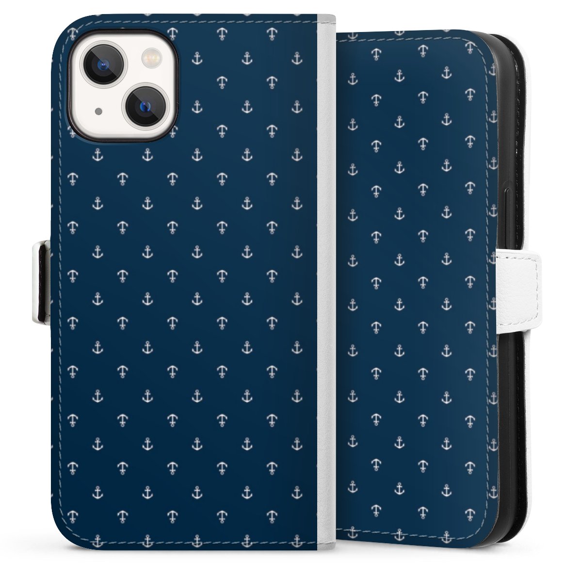 iPhone 13 Handy Klapphülle Handyhülle aus Kunst Leder weiß Flip Case Muster Anchor Sail Sideflip mit Lasche