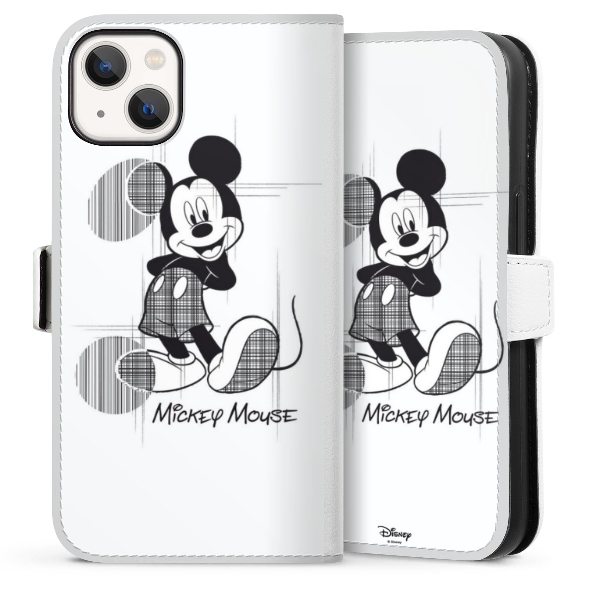 iPhone 13 Handy Klapphülle Handyhülle aus Kunst Leder weiß Flip Case Disney Official Licensed Product Mickey Mouse Sideflip mit Lasche