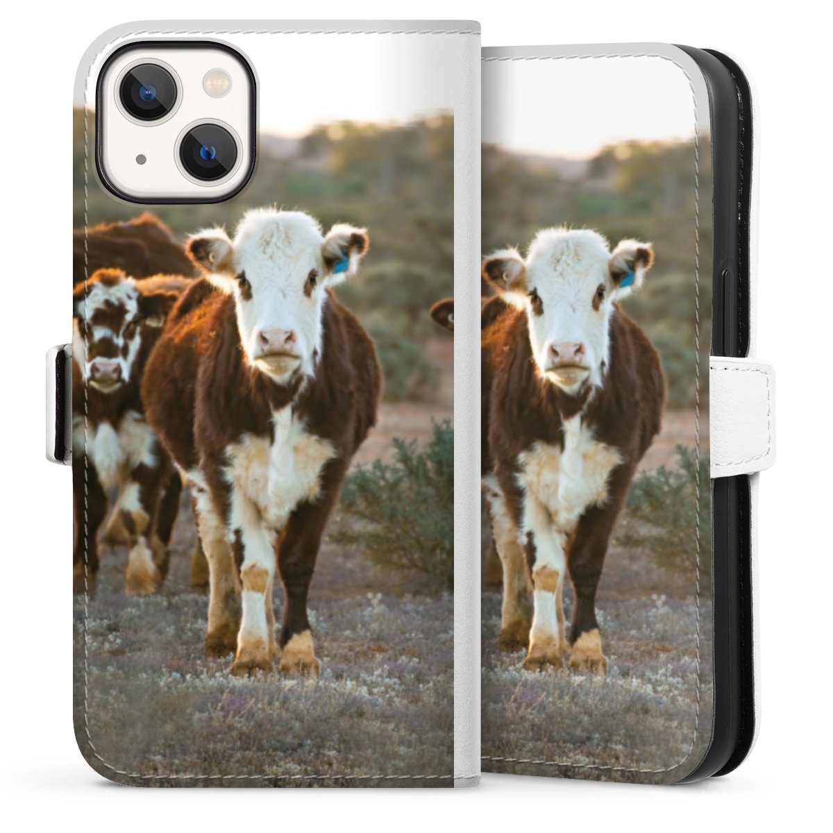 iPhone 13 Handy Klapphülle Handyhülle aus Kunst Leder weiß Flip Case Cow Farmer Calf Sideflip mit Lasche