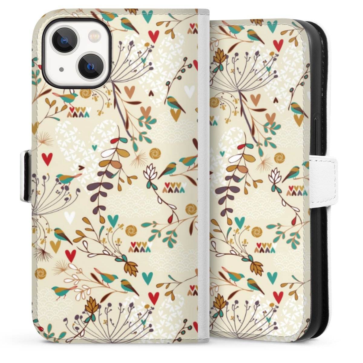 iPhone 13 Handy Klapphülle Handyhülle aus Kunst Leder weiß Flip Case Bird Flowers Retro Sideflip mit Lasche