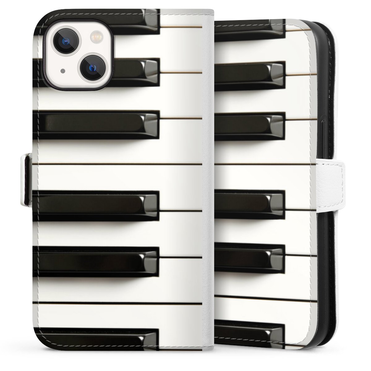 iPhone 13 Handy Klapphülle Handyhülle aus Kunst Leder weiß Flip Case Klavier Piano Music Sideflip mit Lasche