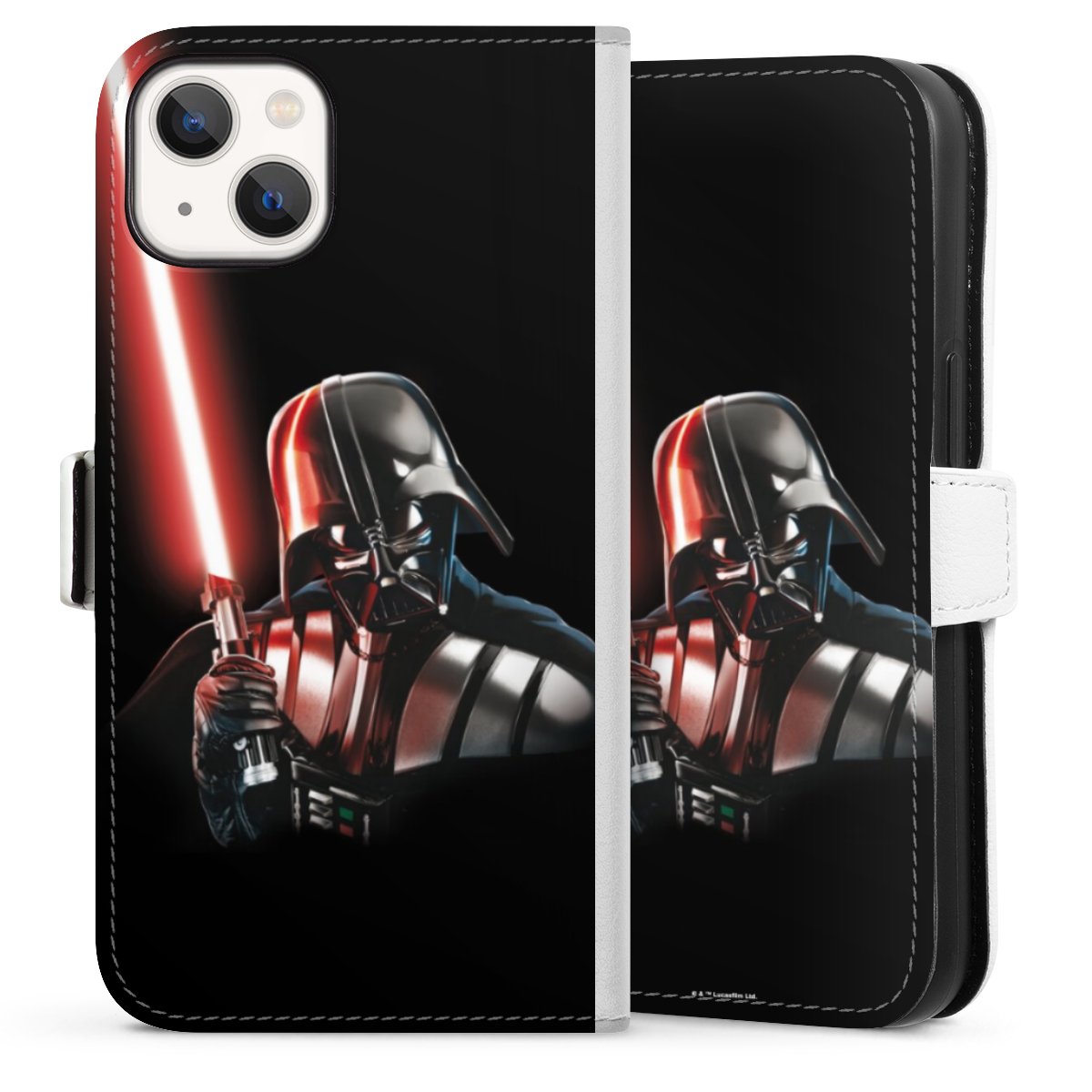 iPhone 13 Handy Klapphülle Handyhülle aus Kunst Leder weiß Flip Case Star Wars Merchandise Darth Vader Sideflip mit Lasche