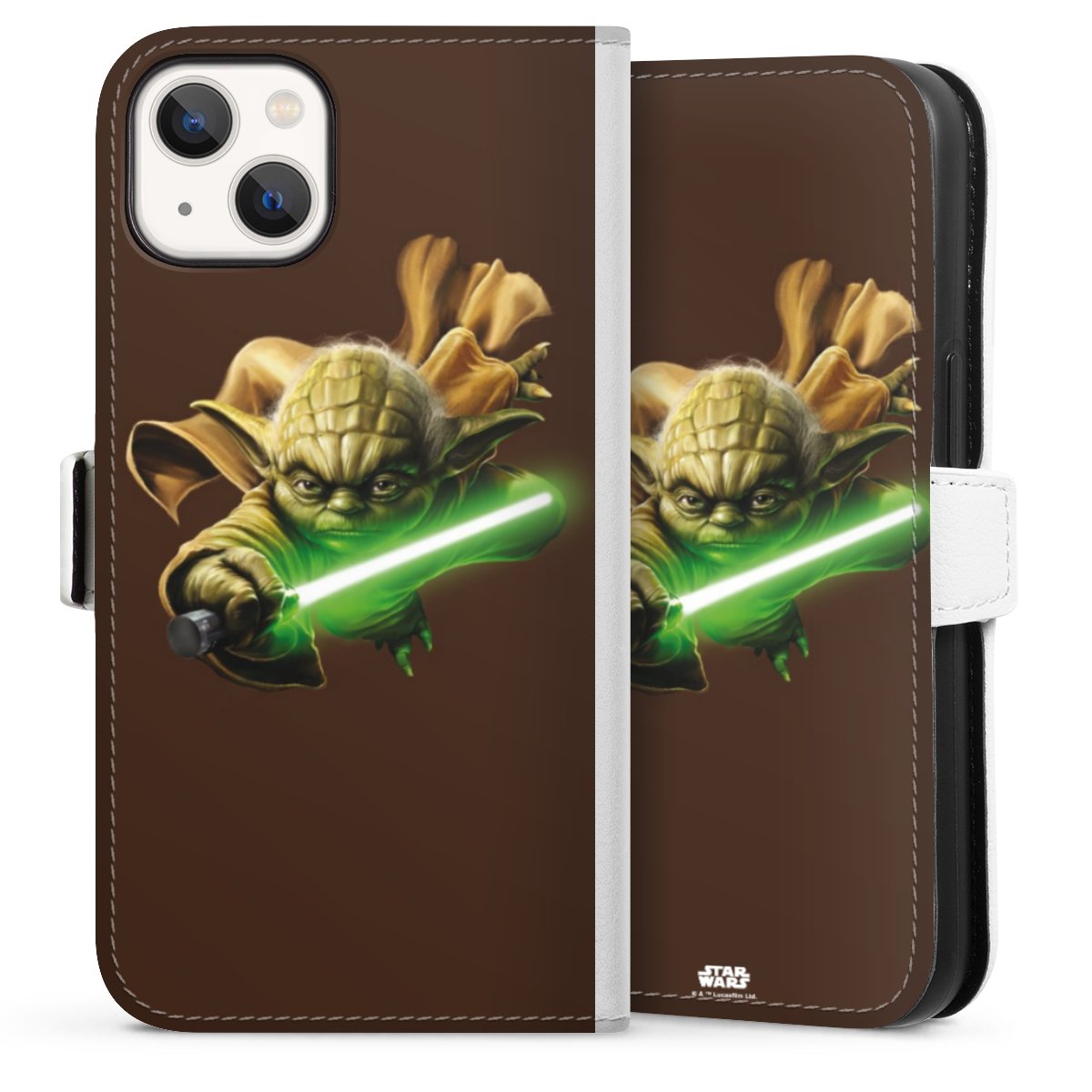 iPhone 13 Handy Klapphülle Handyhülle aus Kunst Leder weiß Flip Case Yoda Merchandise Star Wars Sideflip mit Lasche