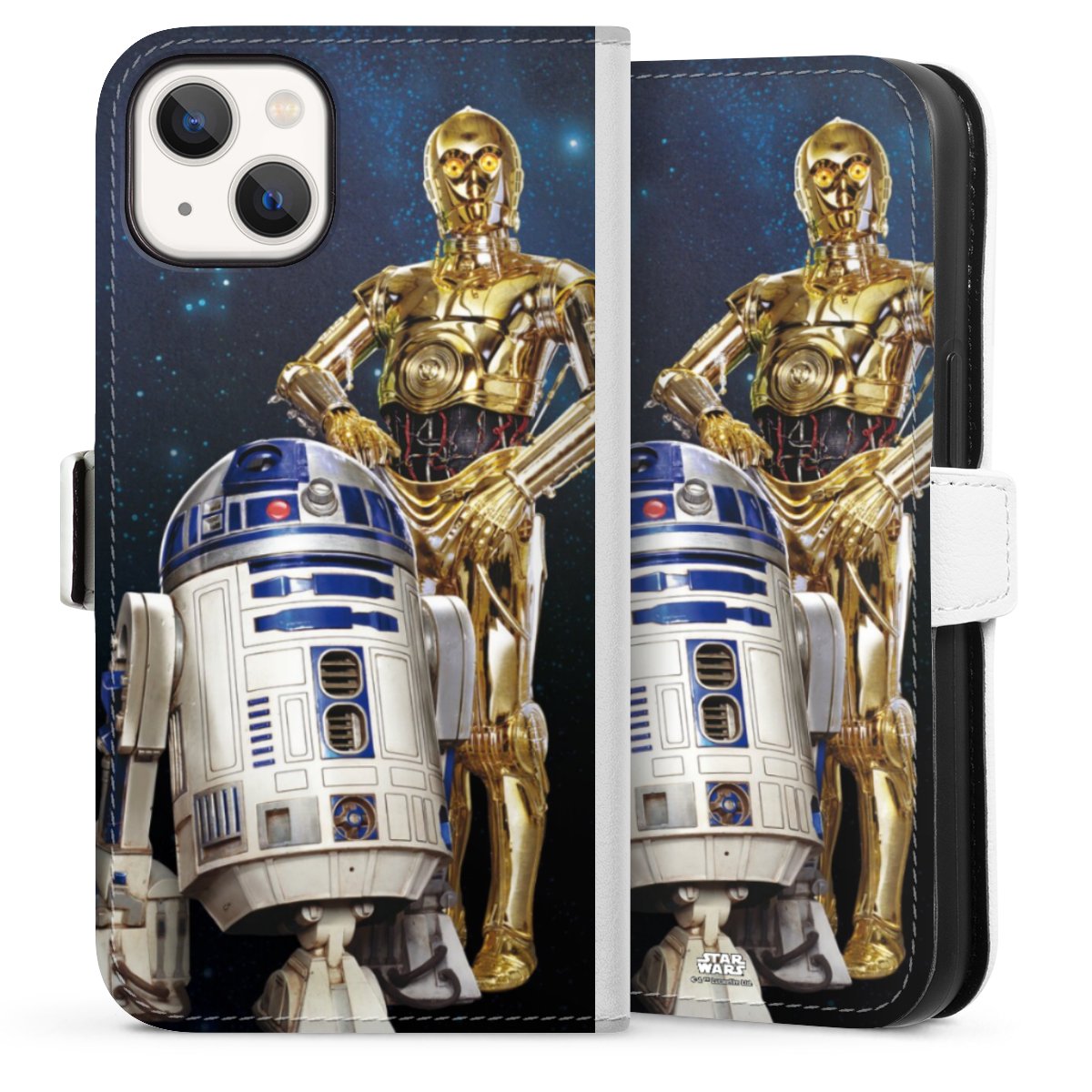 iPhone 13 Handy Klapphülle Handyhülle aus Kunst Leder weiß Flip Case Weltall Star Wars R2d2 Sideflip mit Lasche