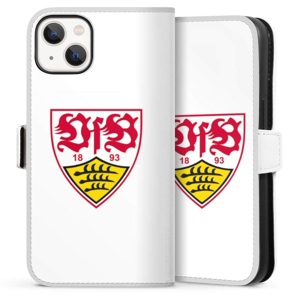 iPhone 13 Handy Klapphülle Handyhülle aus Kunst Leder weiß Flip Case Logo Official Licensed Product Vfb Stuttgart Sideflip mit Lasche