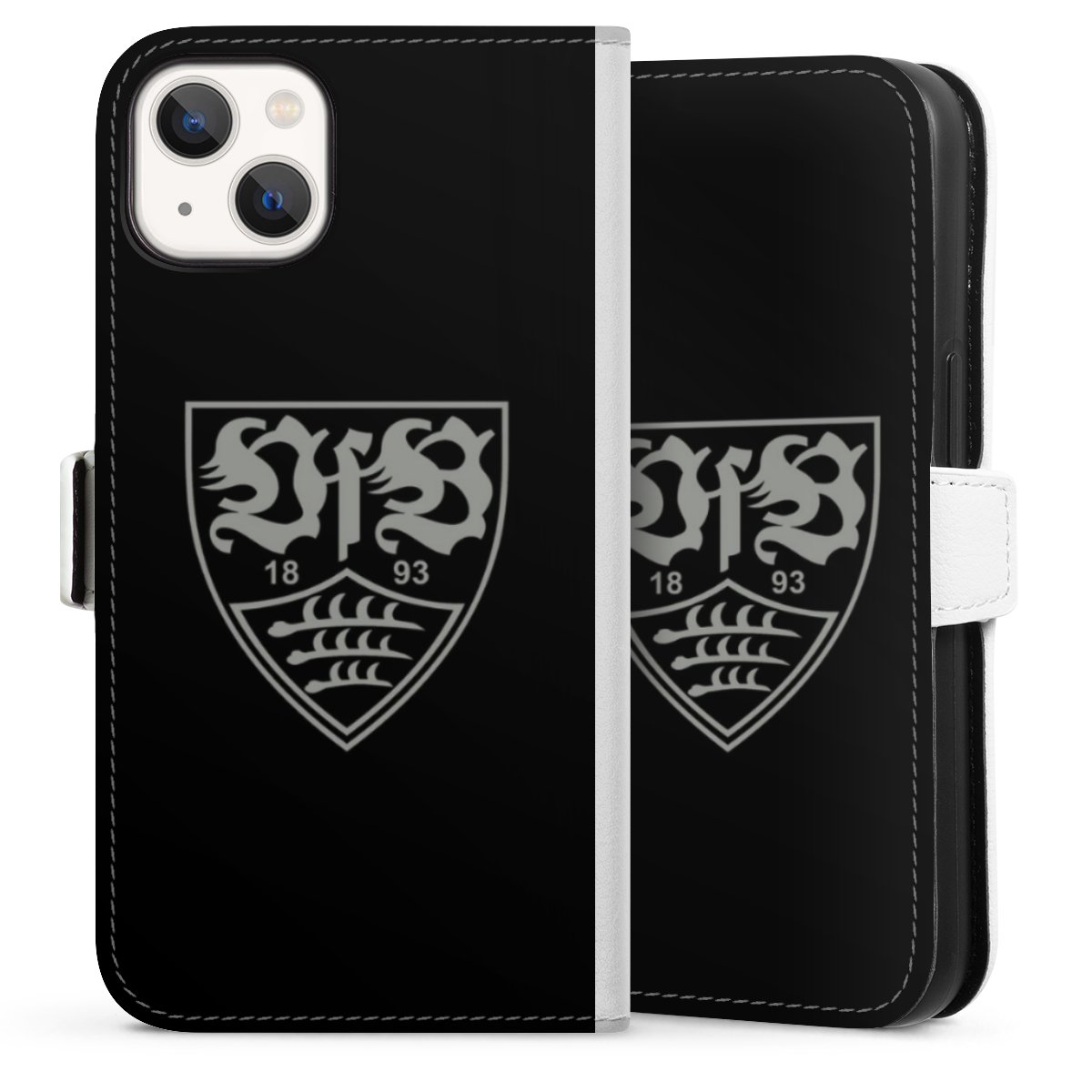 iPhone 13 Handy Klapphülle Handyhülle aus Kunst Leder weiß Flip Case Official Licensed Product Vfb Stuttgart Sideflip mit Lasche