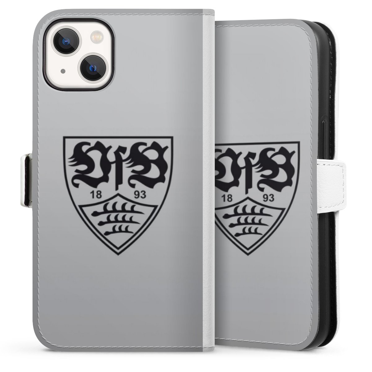 iPhone 13 Handy Klapphülle Handyhülle aus Kunst Leder weiß Flip Case Logo Vfb Stuttgart Official Licensed Product Sideflip mit Lasche