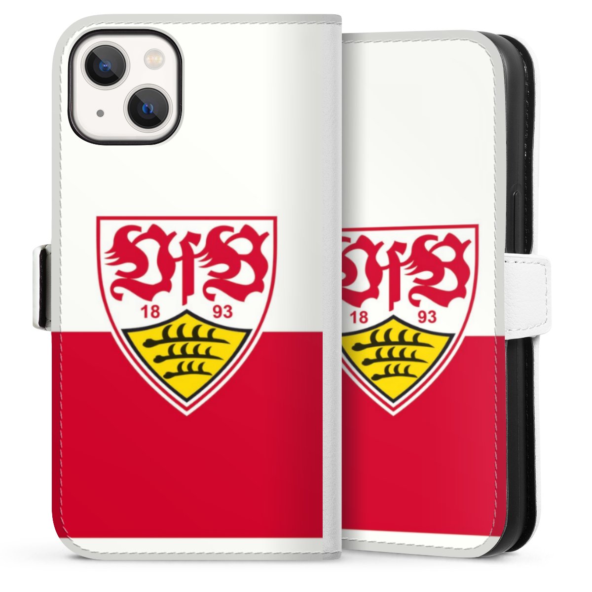 iPhone 13 Handy Klapphülle Handyhülle aus Kunst Leder weiß Flip Case Official Licensed Product Logo Vfb Stuttgart Sideflip mit Lasche