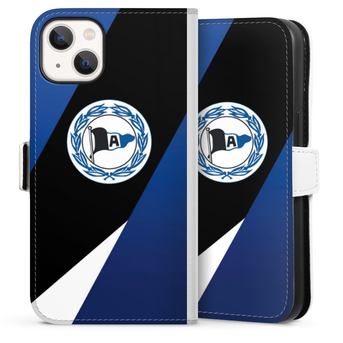 iPhone 13 Handy Klapphülle Handyhülle aus Kunst Leder weiß Flip Case Official Licensed Product Arminia Bielefeld Dsc Sideflip mit Lasche