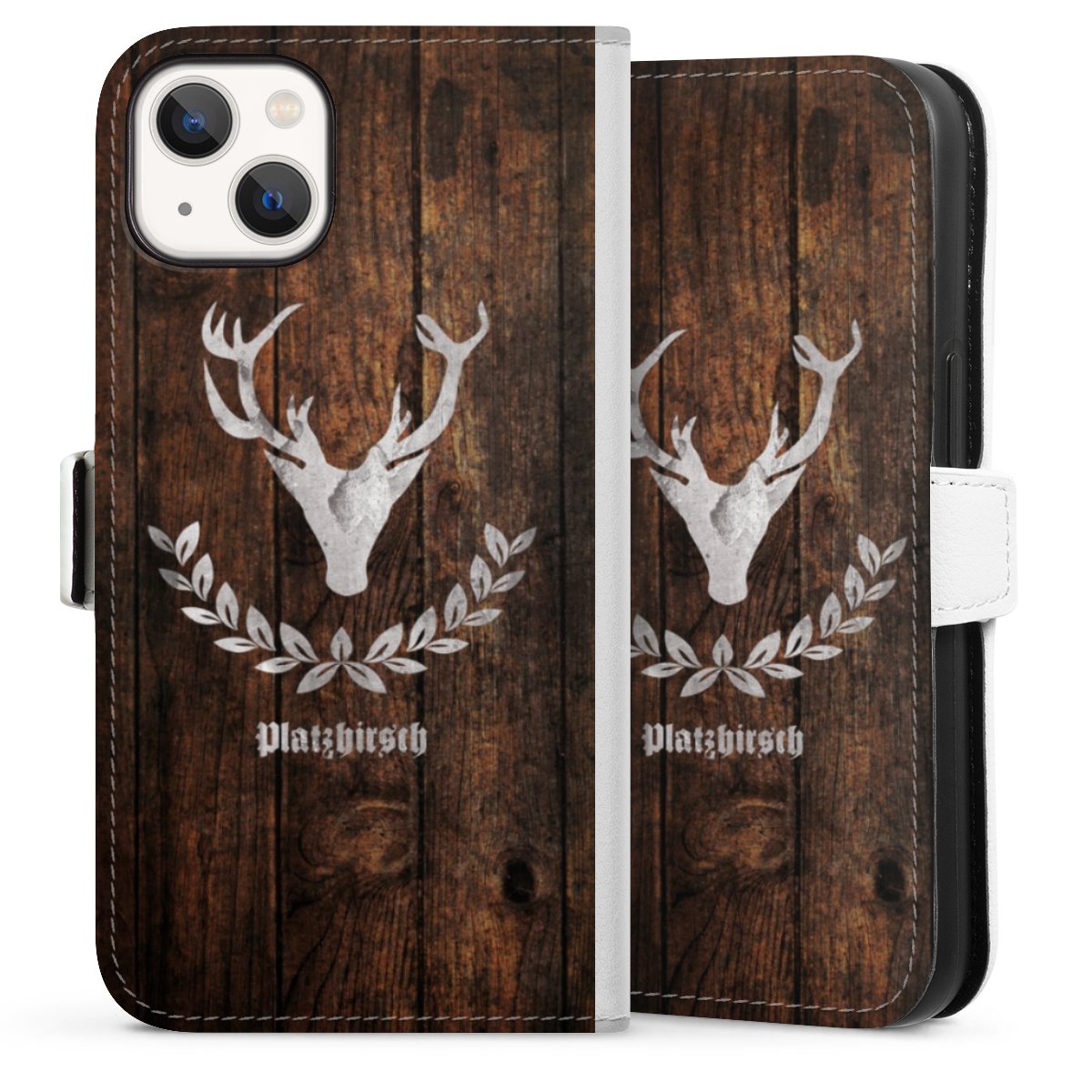 iPhone 13 Handy Klapphülle Handyhülle aus Kunst Leder weiß Flip Case Deer Wood Wooden Look Sideflip mit Lasche