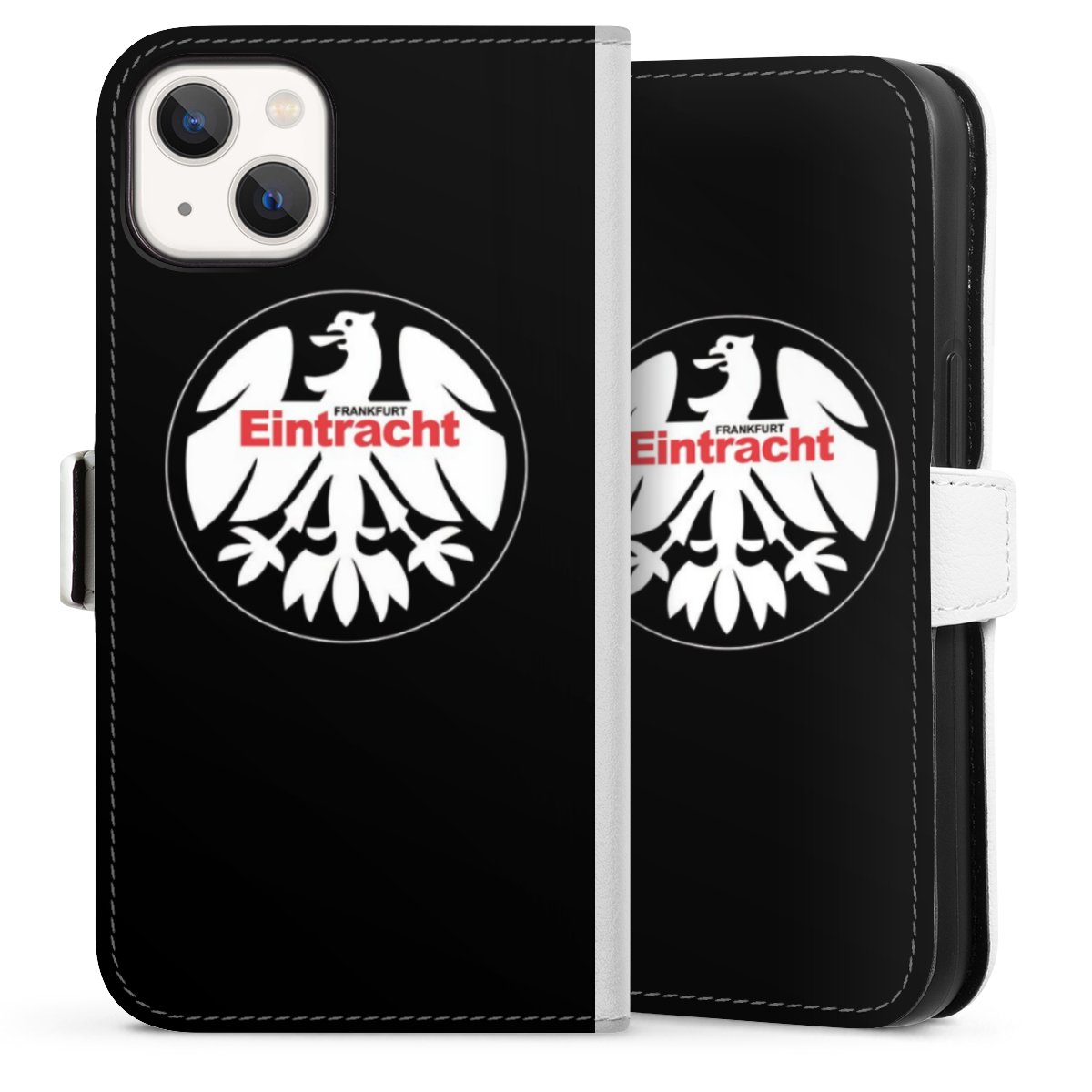 iPhone 13 Handy Klapphülle Handyhülle aus Kunst Leder weiß Flip Case Official Licensed Product Eintracht Frankfurt Sge Sideflip mit Lasche