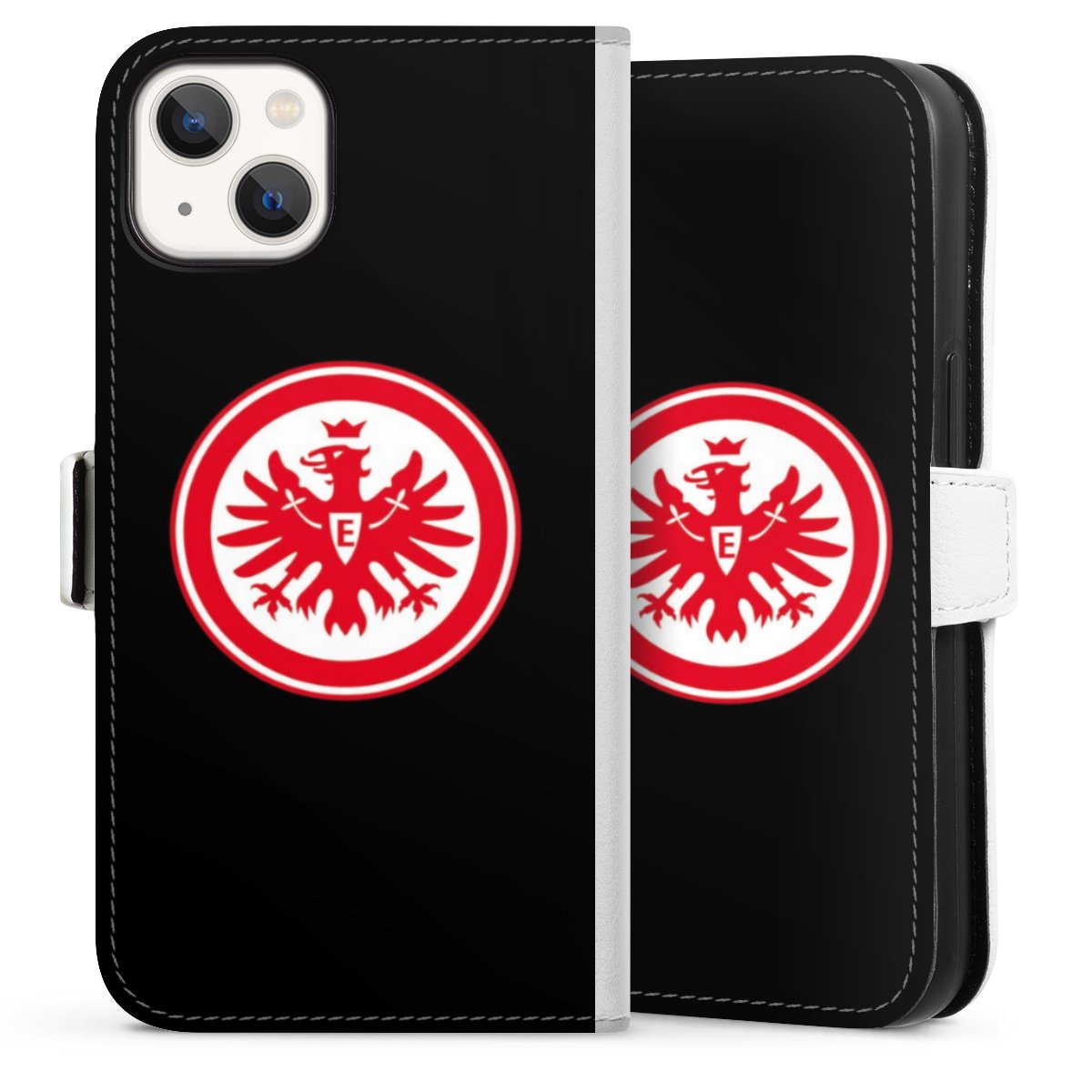 iPhone 13 Handy Klapphülle Handyhülle aus Kunst Leder weiß Flip Case Eintracht Frankfurt Sge Eagle Sideflip mit Lasche