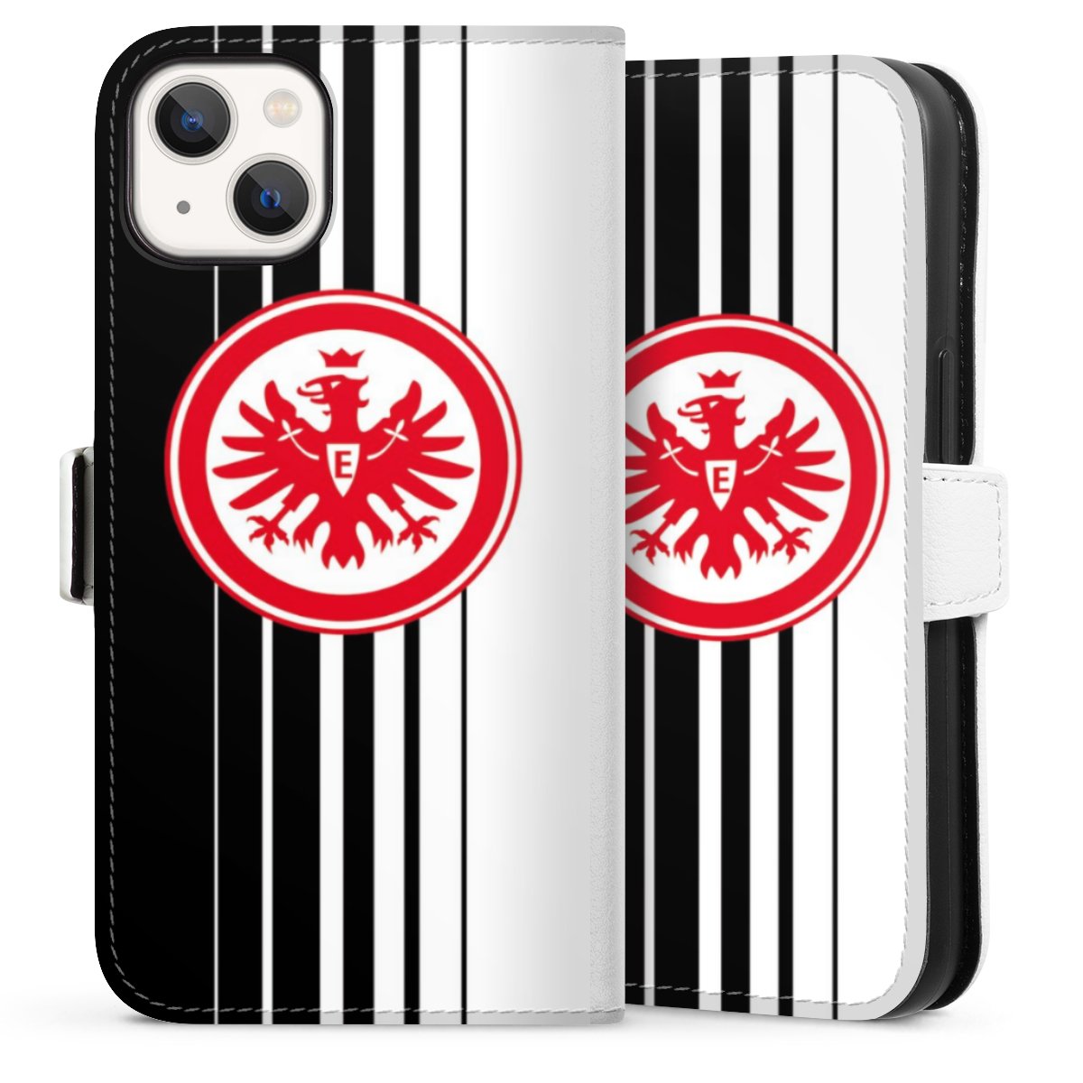 iPhone 13 Handy Klapphülle Handyhülle aus Kunst Leder weiß Flip Case Stripes Eintracht Frankfurt Official Licensed Product Sideflip mit Lasche