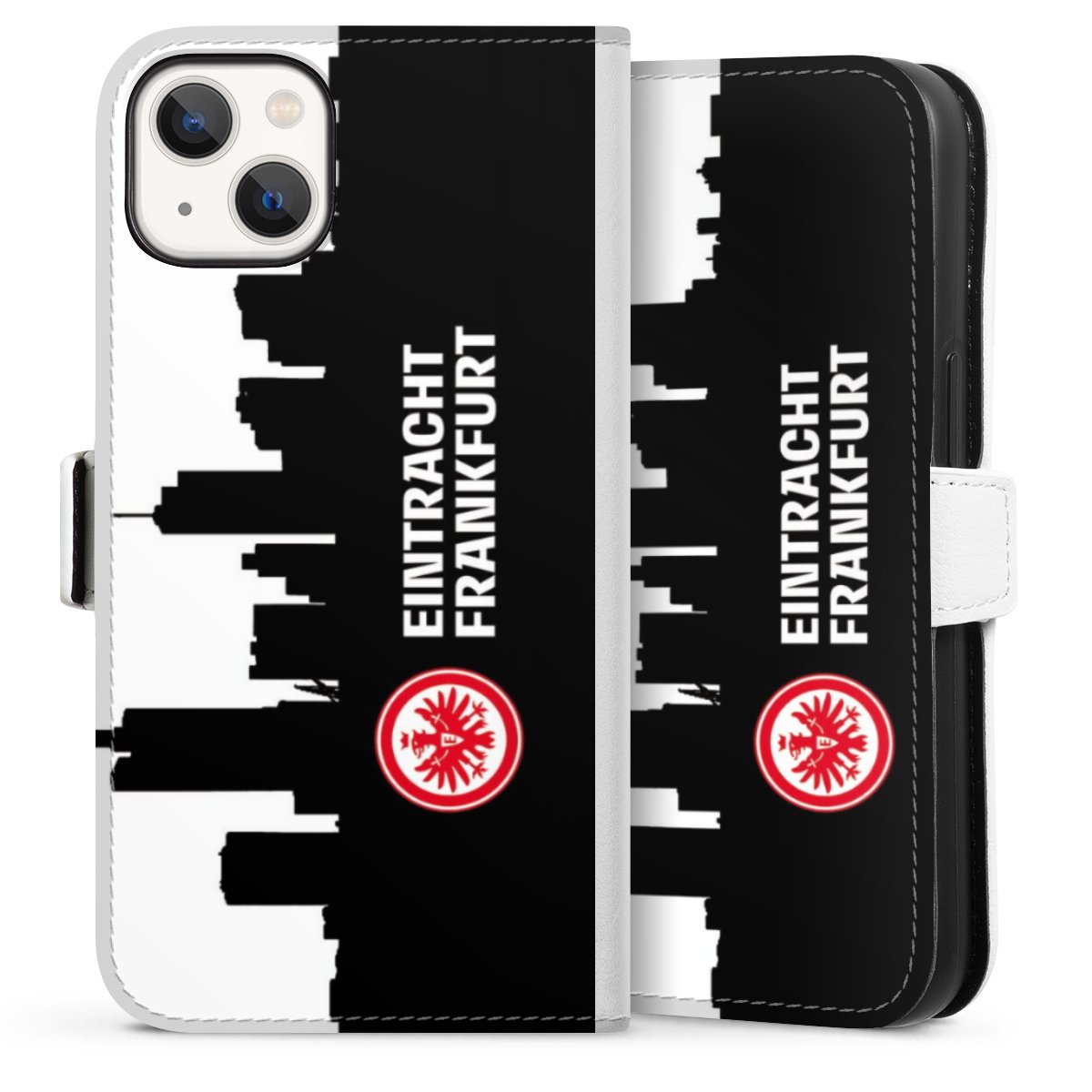 iPhone 13 Handy Klapphülle Handyhülle aus Kunst Leder weiß Flip Case Sge Eintracht Frankfurt Official Licensed Product Sideflip mit Lasche