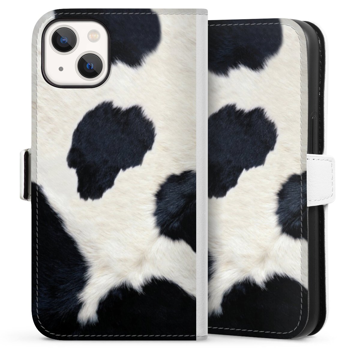 iPhone 13 Handy Klapphülle Handyhülle aus Kunst Leder weiß Flip Case Animal Look Animal Print Cow Skin Sideflip mit Lasche