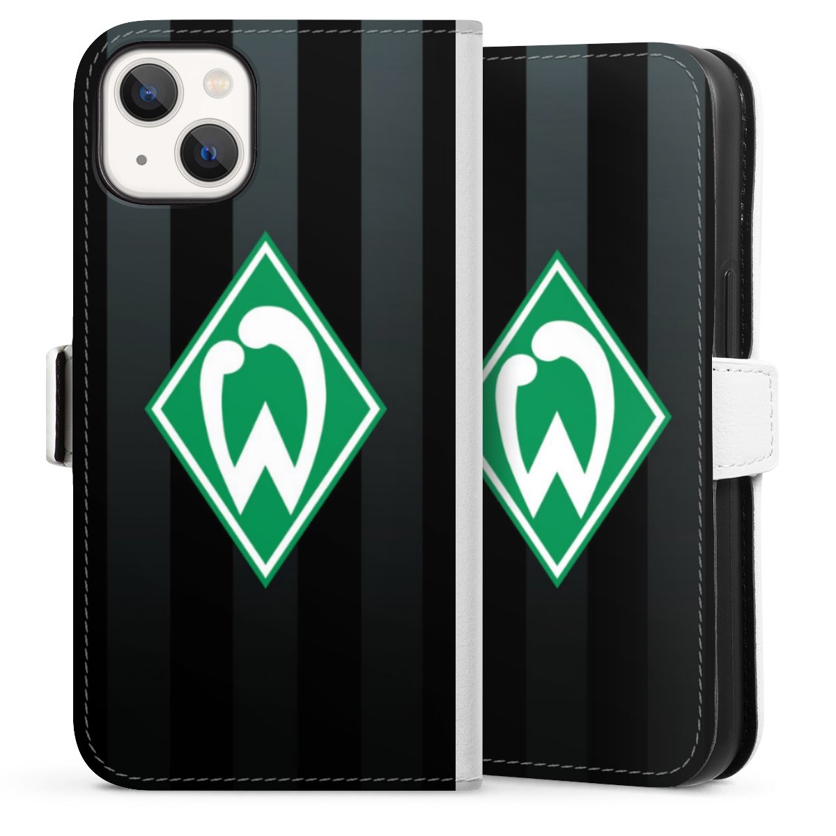 iPhone 13 Handy Klapphülle Handyhülle aus Kunst Leder weiß Flip Case Stripes Sv Werder Bremen Official Licensed Product Sideflip mit Lasche