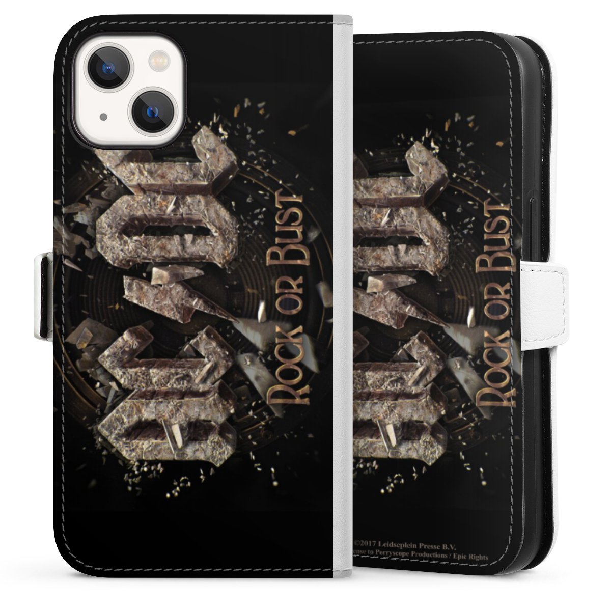 iPhone 13 Handy Klapphülle Handyhülle aus Kunst Leder weiß Flip Case Acdc Official Licensed Product Rock Or Bust Sideflip mit Lasche