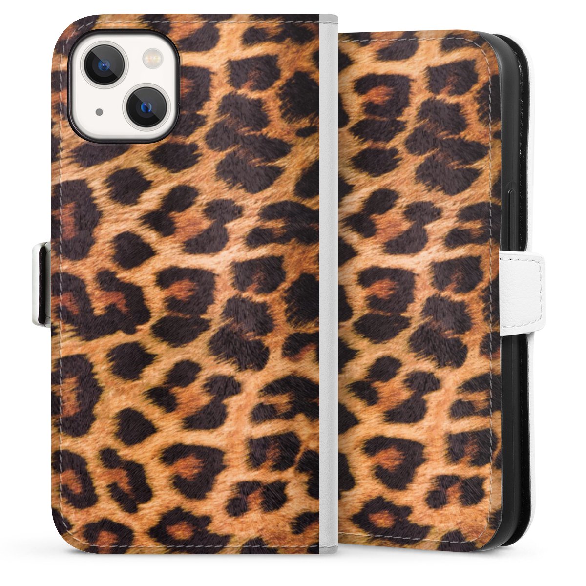 iPhone 13 Handy Klapphülle Handyhülle aus Kunst Leder weiß Flip Case Animal Print Leopard Fur Sideflip mit Lasche