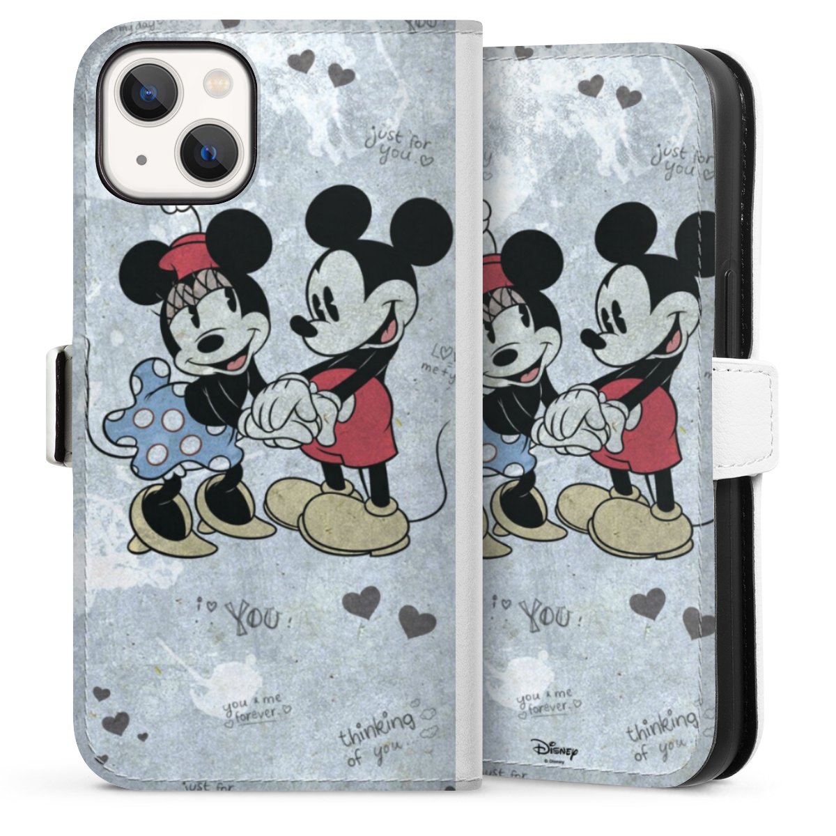 iPhone 13 Handy Klapphülle Handyhülle aus Kunst Leder weiß Flip Case Mickey & Minnie Mouse Vintage Disney Sideflip mit Lasche