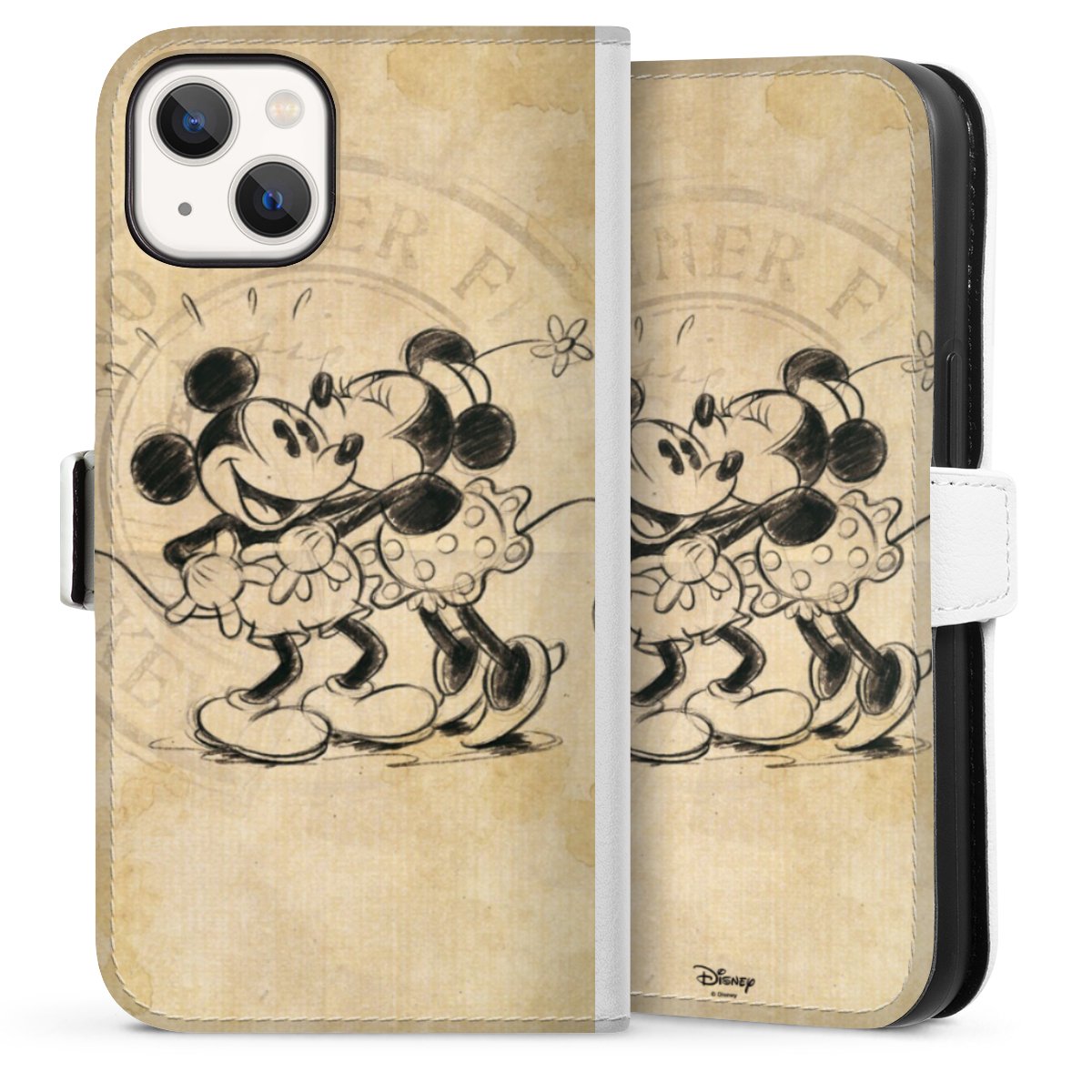 iPhone 13 Handy Klapphülle Handyhülle aus Kunst Leder weiß Flip Case Mickey Mouse Vintage Minnie Mouse Sideflip mit Lasche