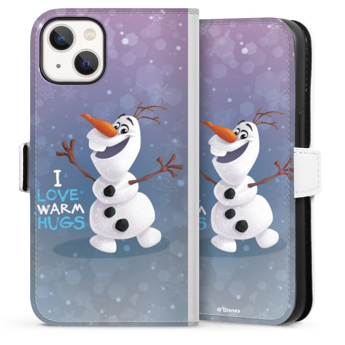 iPhone 13 Handy Klapphülle Handyhülle aus Kunst Leder weiß Flip Case Frozen Frozen Olaf Official Licensed Product Sideflip mit Lasche