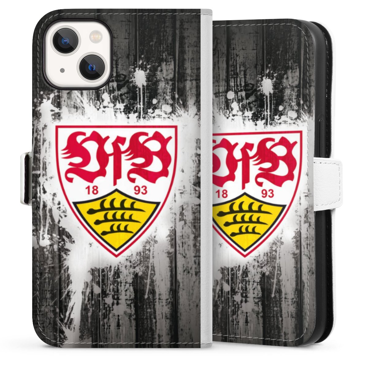 iPhone 13 Handy Klapphülle Handyhülle aus Kunst Leder weiß Flip Case Vfb Stuttgart Official Licensed Product Sideflip mit Lasche