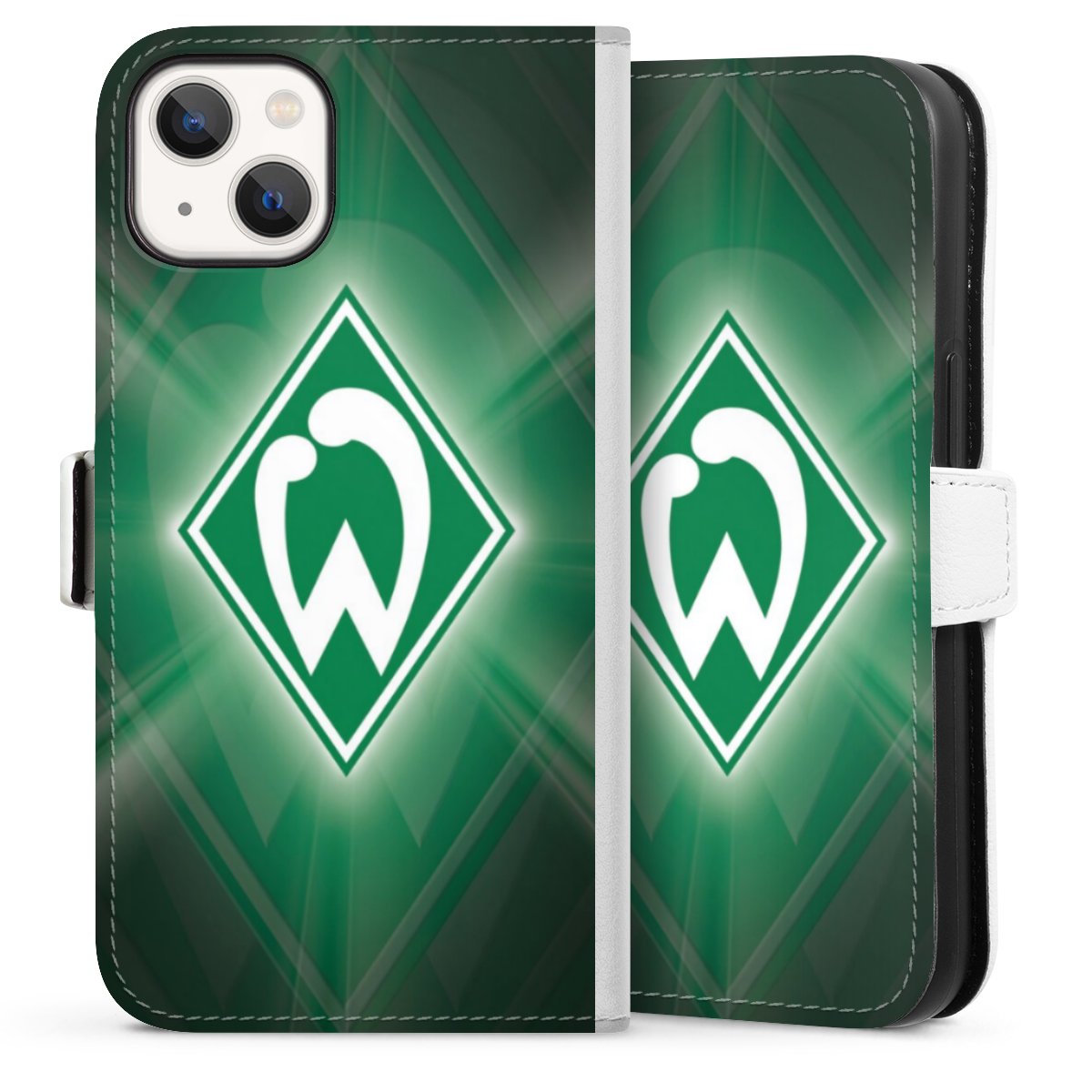 iPhone 13 Handy Klapphülle Handyhülle aus Kunst Leder weiß Flip Case Sv Werder Bremen Official Licensed Product Coat Of Arms Sideflip mit Lasche