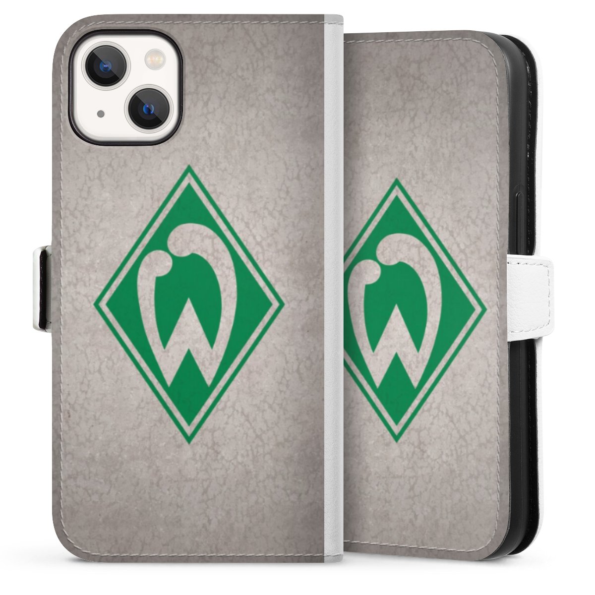 iPhone 13 Handy Klapphülle Handyhülle aus Kunst Leder weiß Flip Case Sv Werder Bremen Concrete Official Licensed Product Sideflip mit Lasche