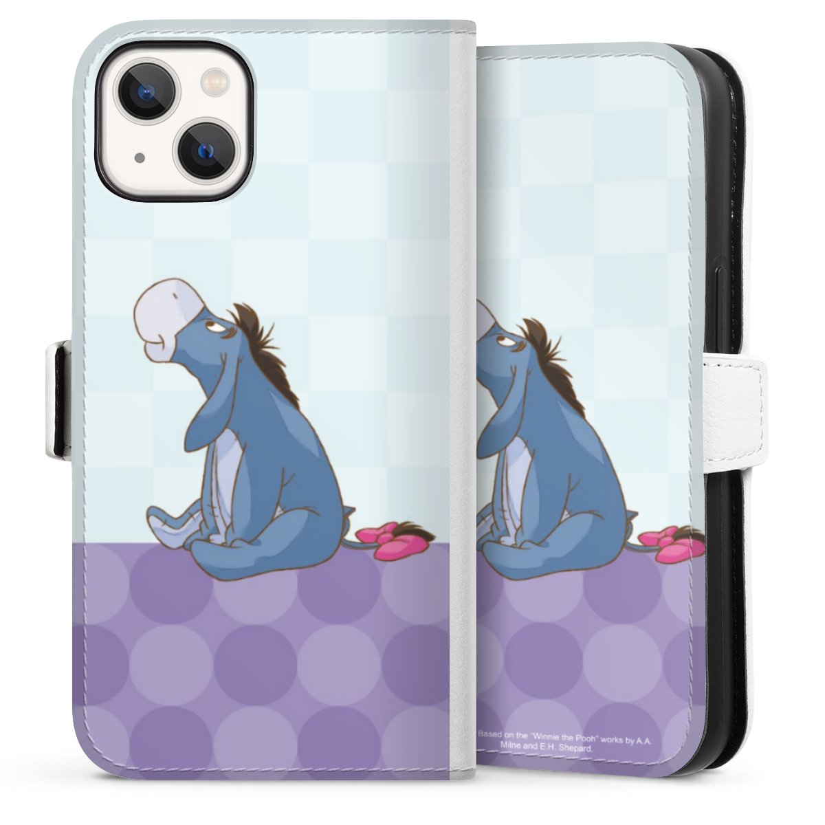 iPhone 13 Handy Klapphülle Handyhülle aus Kunst Leder weiß Flip Case Disney Donkey Winnie The Pooh Sideflip mit Lasche