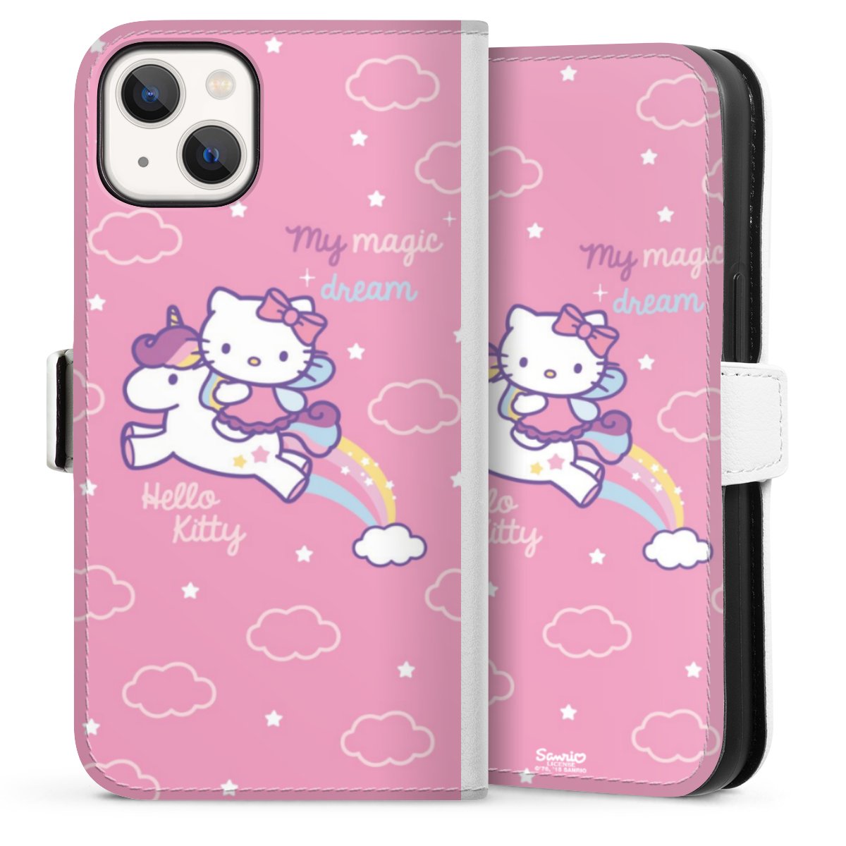 iPhone 13 Handy Klapphülle Handyhülle aus Kunst Leder weiß Flip Case Einhorn Official Licensed Product Hello Kitty Sideflip mit Lasche