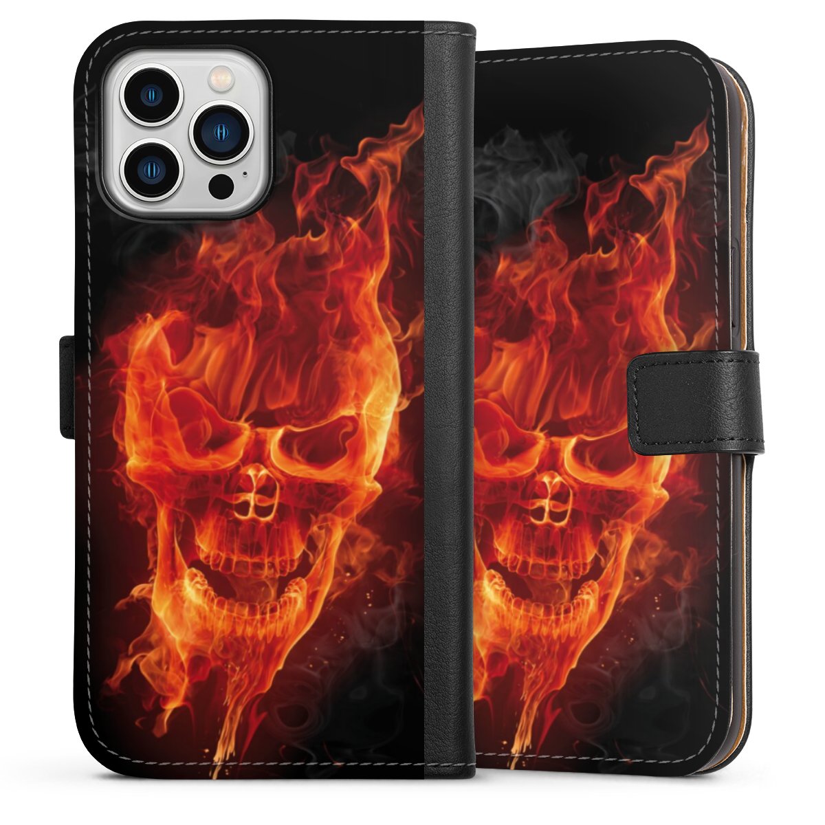 iPhone 13 Pro Max Handy Klapphülle Handyhülle aus Kunst Leder schwarz Flip Case Totenkopf Skull Fire Sideflip mit Lasche