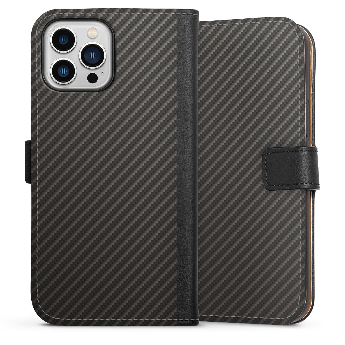 iPhone 13 Pro Max Handy Klapphülle Handyhülle aus Kunst Leder schwarz Flip Case Metallic Look Carbon Muster Sideflip mit Lasche