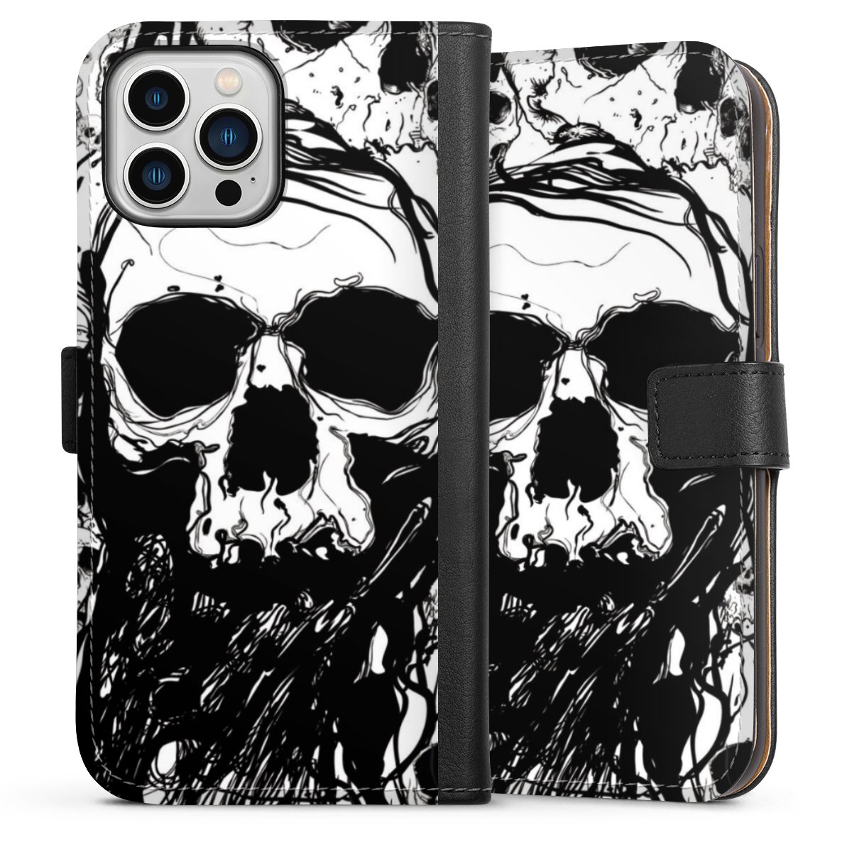 iPhone 13 Pro Max Handy Klapphülle Handyhülle aus Kunst Leder schwarz Flip Case Totenkopf Halloween Sideflip mit Lasche