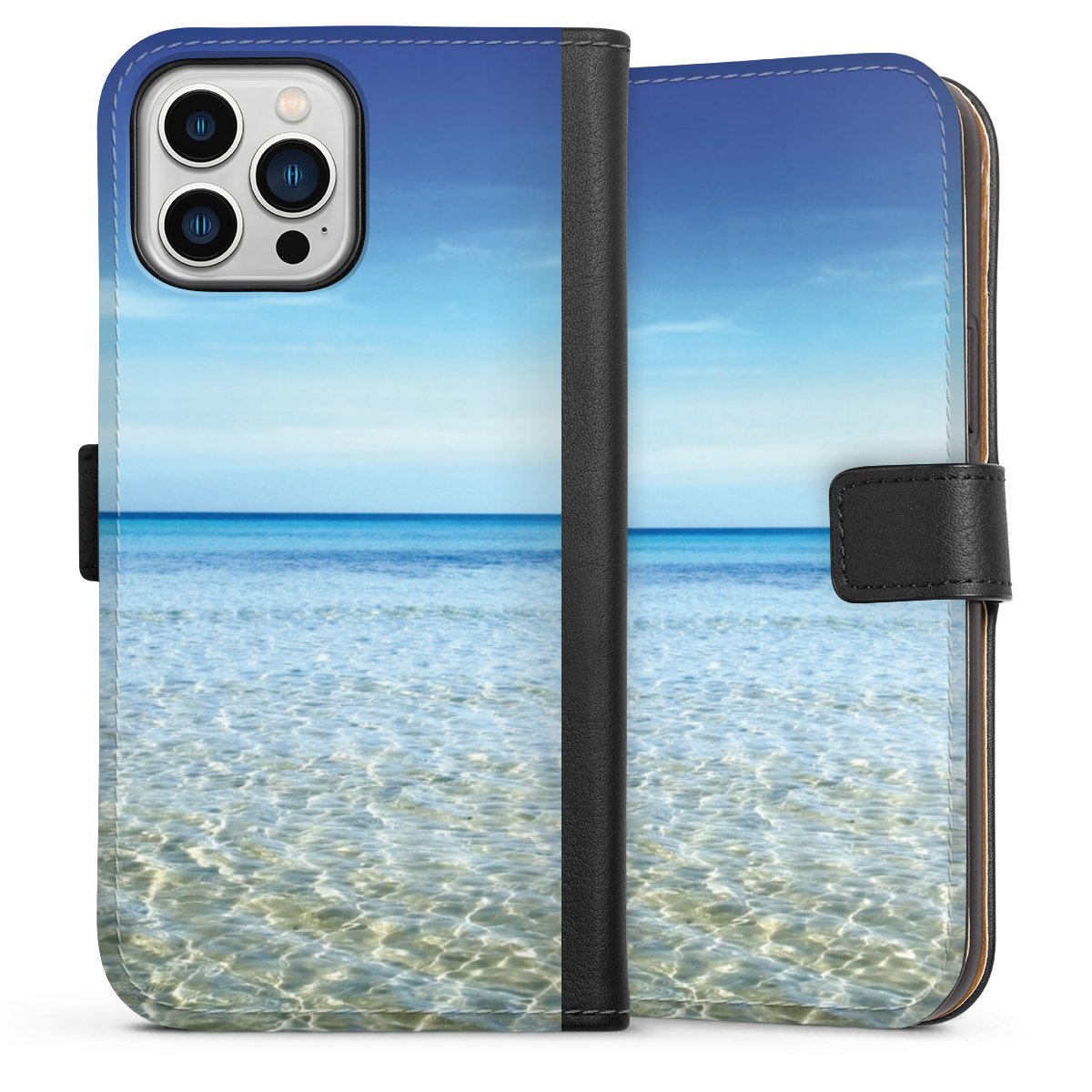 iPhone 13 Pro Max Handy Klapphülle Handyhülle aus Kunst Leder schwarz Flip Case Urlaub Sky Ocean Sideflip mit Lasche