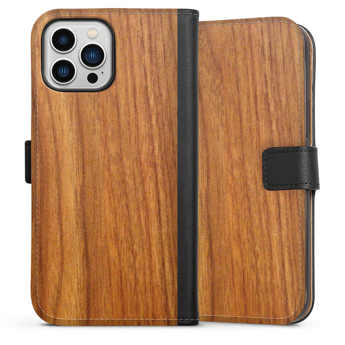 iPhone 13 Pro Max Handy Klapphülle Handyhülle aus Kunst Leder schwarz Flip Case Wood Larch Wooden Look Sideflip mit Lasche